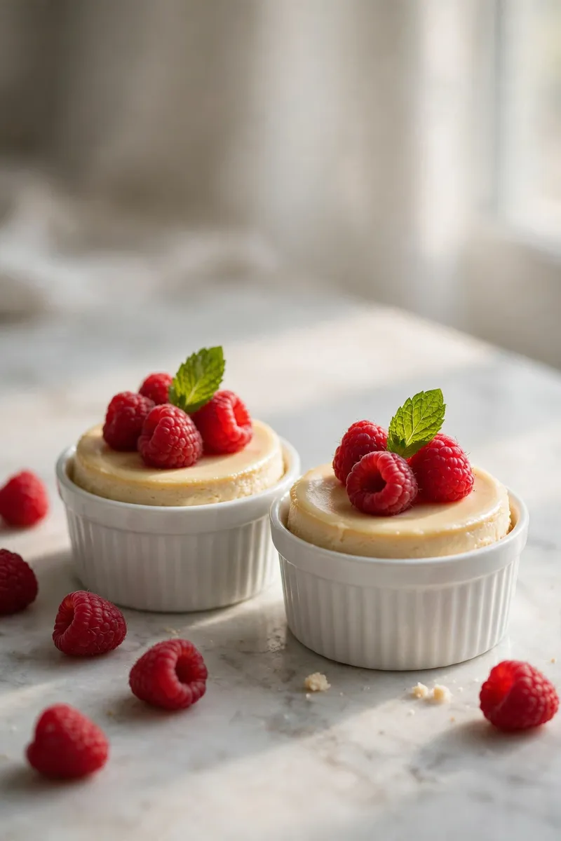 Two mini keto cheesecakes with raspberries in ramekins
